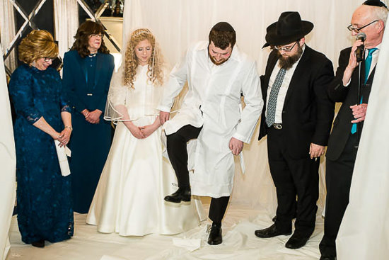 Jewish wedding ceremony with groom breaking glass.